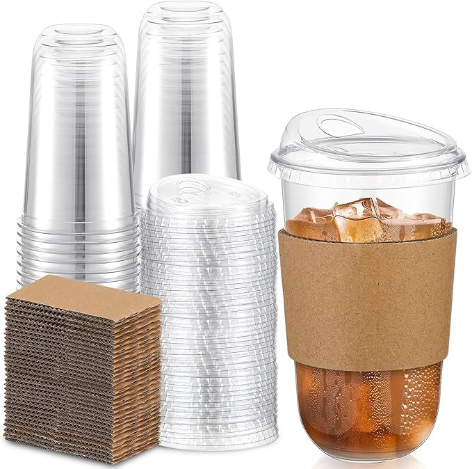 Baderke 50 Sets Clear Plastic Coffee Cups with Sip Lids and Cup Sleeve, Disposable Clear Pet Cups... | Amazon (US)