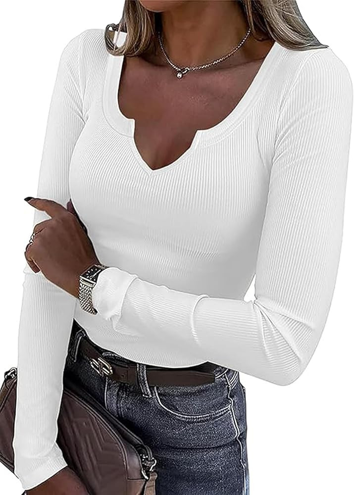Roselux Women V Neck Ribbed Long Sleeve Shirt Fitted Basic Slim Knit Top | Amazon (US)