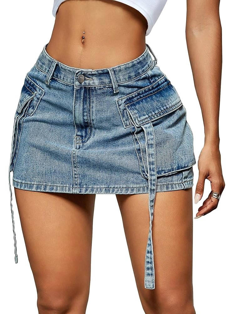 Women Cargo Skirt Denim Mini Low Waist Y2K Jean Skirts with Pockets | Amazon (US)