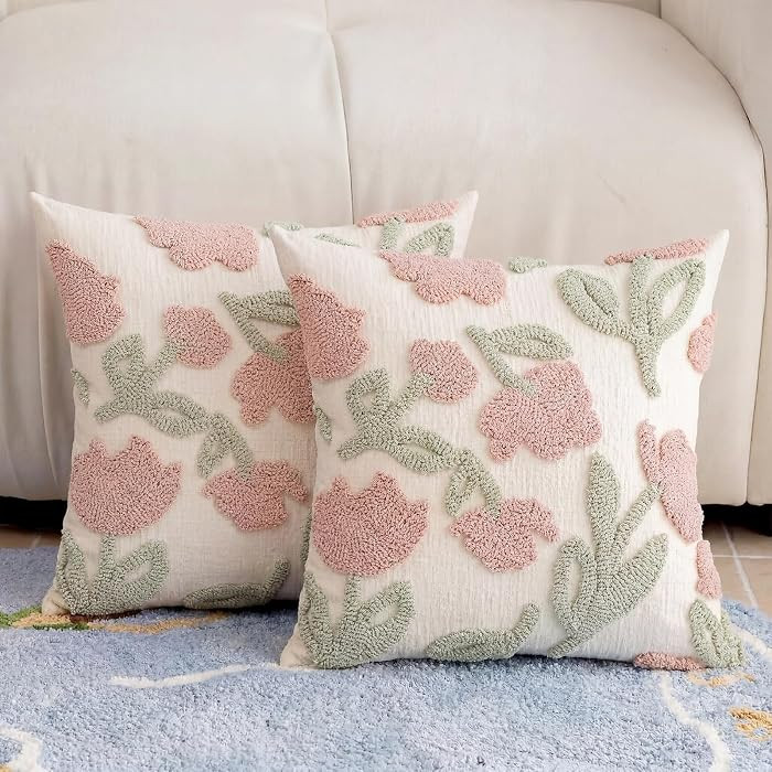 Premium Chenille Embroidered Throw Pillow Covers 18x18 Set of 2, Thick 3D Tufted Pink Floral Deco... | Amazon (US)