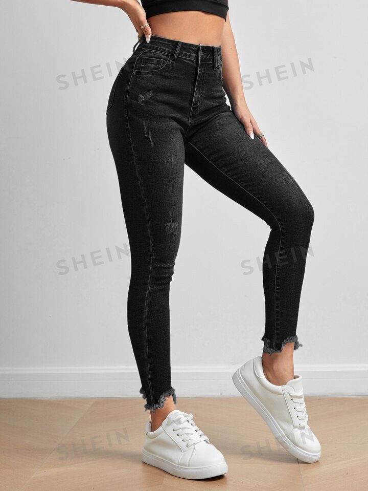SHEIN PETITE Cat Scratch Raw Cut Skinny Jeans | SHEIN