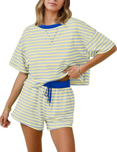 Women’s Striped 2 Piece Outfits Summer Short Sets Oversized Lounge Sets Casual Matching Pajamas Sets Yellow Blue | Amazon (US)