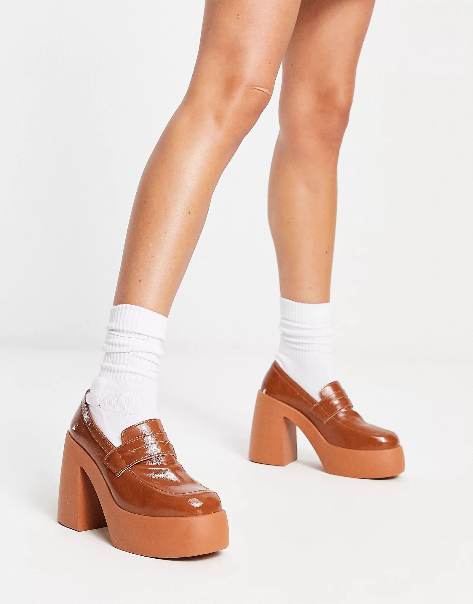 ASOS DESIGN Palette chunky high heeled loafers in tan | ASOS (Global)
