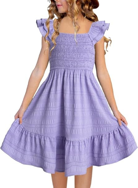 Girls Summer Dresses Cute Double Layer Ruffle Sleeve Smocked Flowy Dress 6-15 Years | Amazon (US)