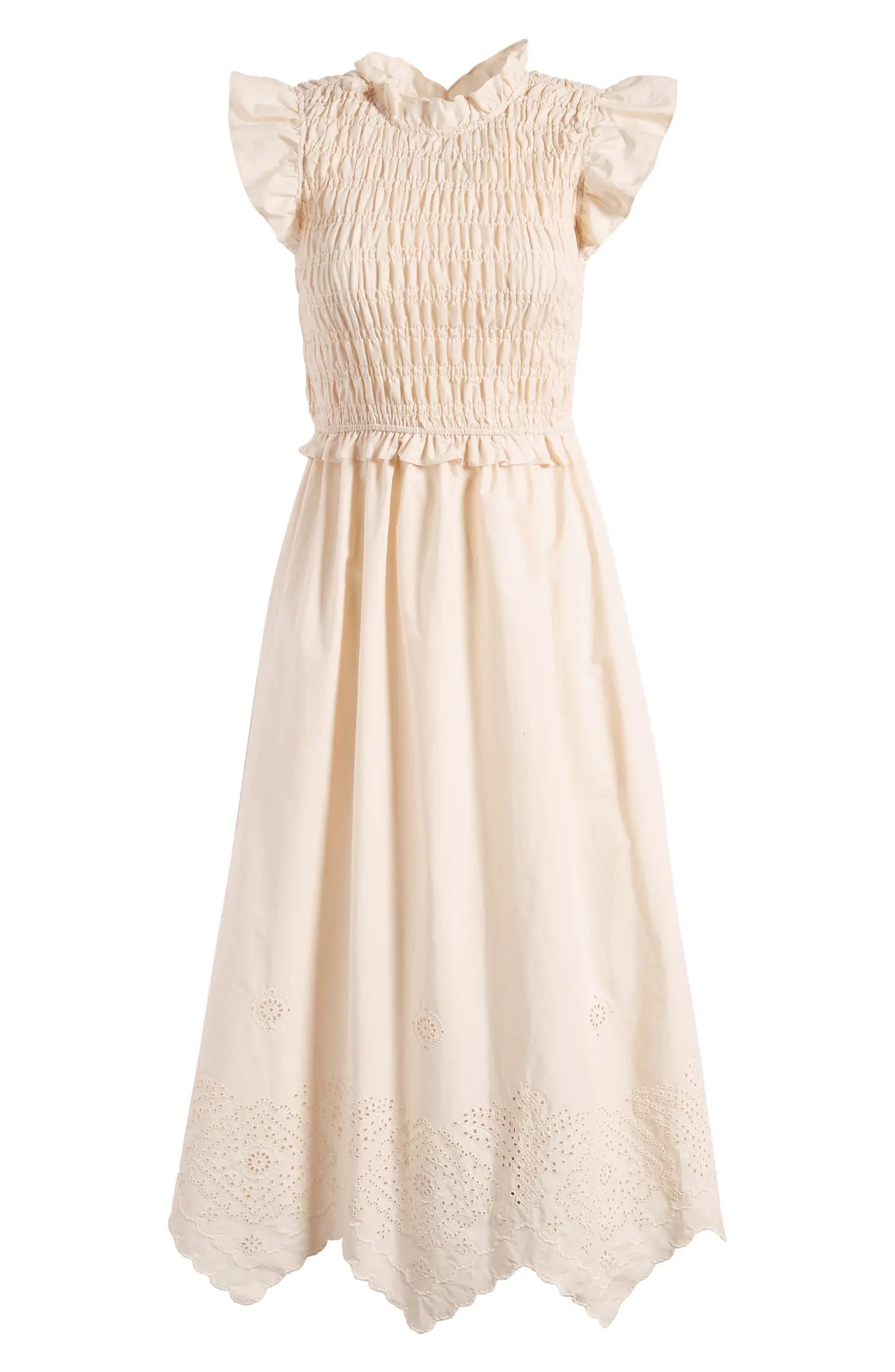 Ruffle Eyelet Smocked Stretch Cotton Dress | Nordstrom