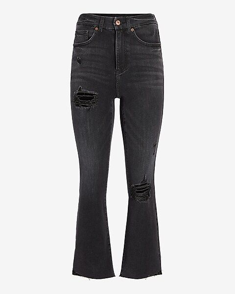 High Waisted FlexX Black Ripped Cropped Flare Jeans | Express