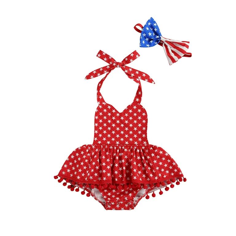 Canis Newborn Baby Girl 4th of July Outfits Striped Bodysuit Romper Dress Set Sunsuit | Walmart (US)