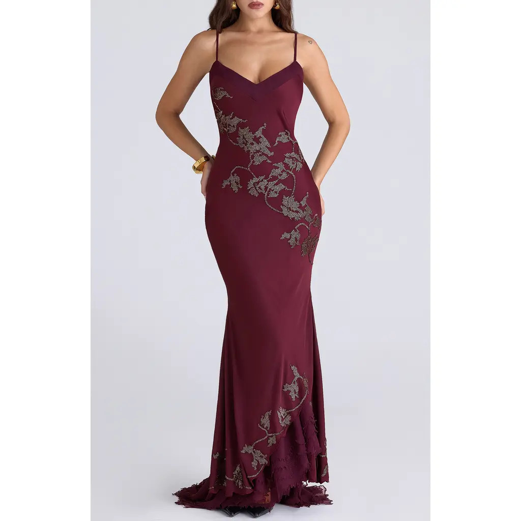HOUSE OF CB Anastelle Embellished Satin Mermaid Gown in Plum at Nordstrom, Size Small | Nordstrom