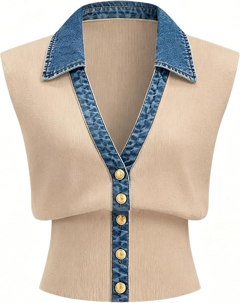 Womens Denim Trim Sweater Vest Crop Tank Top | Amazon (US)