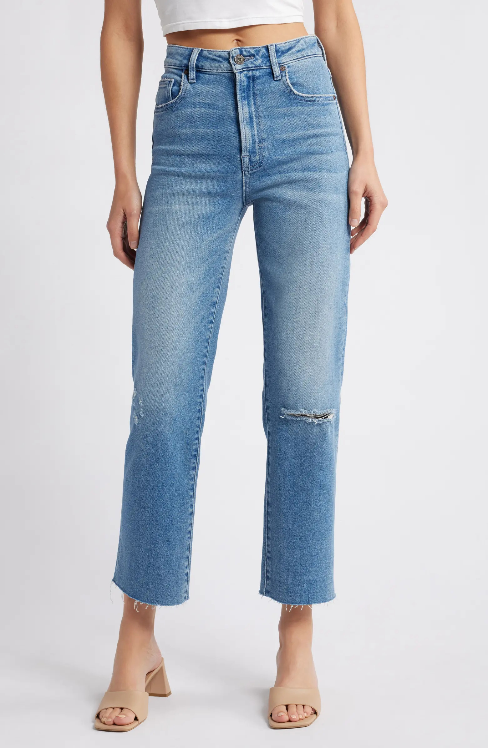 HIDDEN JEANS Ripped Raw Hem High Waist Ankle Straight Leg Jeans | Nordstrom | Nordstrom