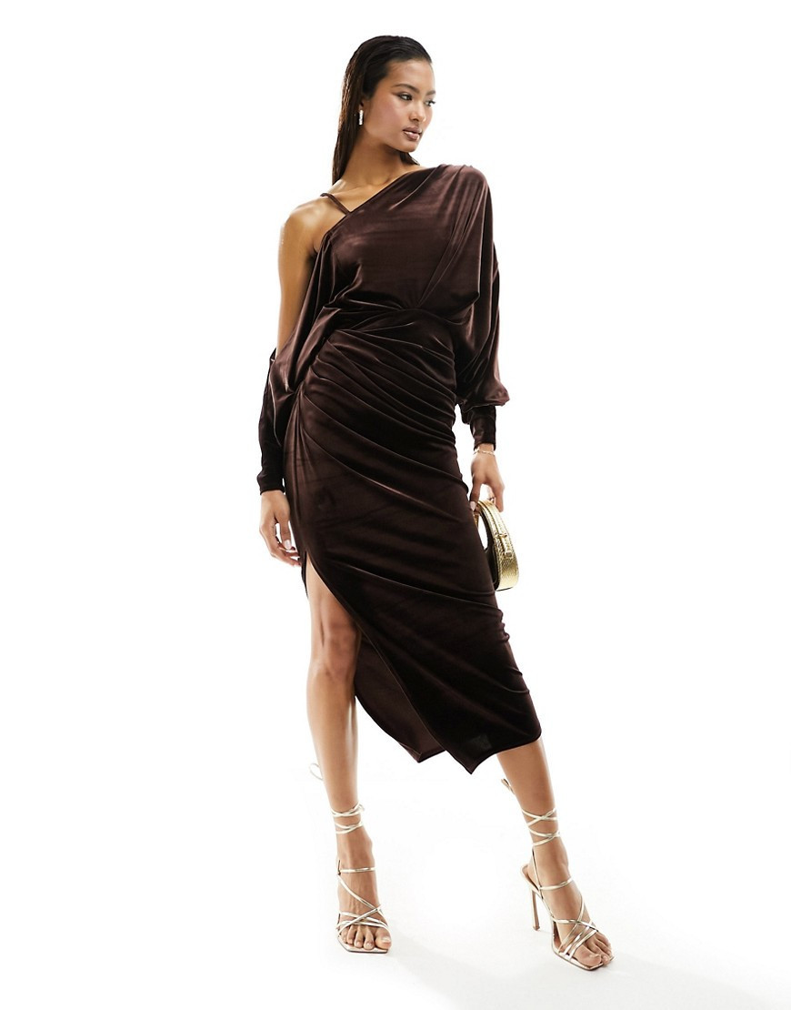 ASOS DESIGN velvet off shoulder grecian drape midi dress in chocolate-Brown | ASOS (Global)