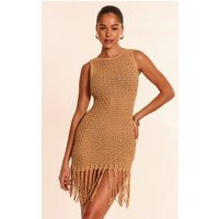 Beige Crochet Boat Neck Tassel Mini Dress | PrettyLittleThing US