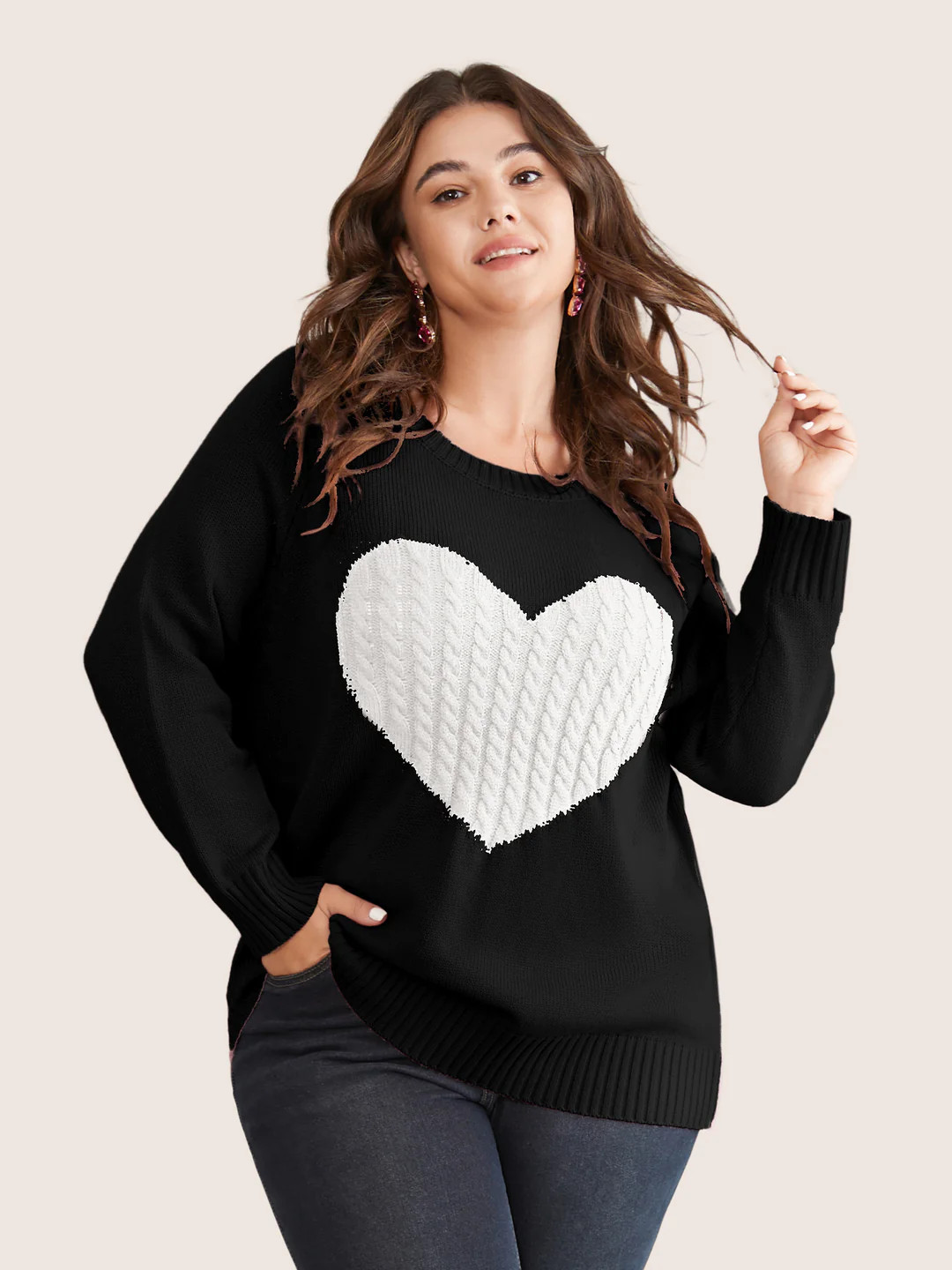 Heart Cable Knit Two Tone Raglan Sleeve Pullover | Bloomchic