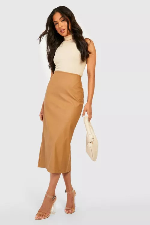 Petite Pu Back Split Midi Skirt | Boohoo.com (US & CA)