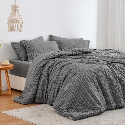 Love's cabin Seersucker Dark Grey Twin XL Comforter Set, 5 Pieces Twin XL Bed in a Bag, All Season Twin XL Bedding Sets with Comforter, Flat Sheet, Fitted Sheet, Pillowcase and Pillow Sham | Amazon (US)