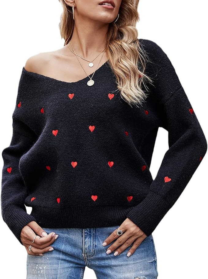 Women Cute Valentine Heart Graphic Jumper V-Neck Embroidery Knitted Loose Pullover Sweater Tops | Amazon (US)