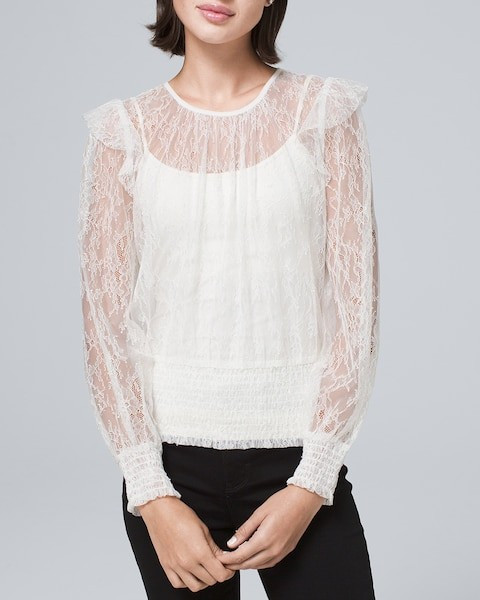 Women's Lace Top With Smocked Hem by White House Black Market, Ecru, Size XXS | White House Black Market