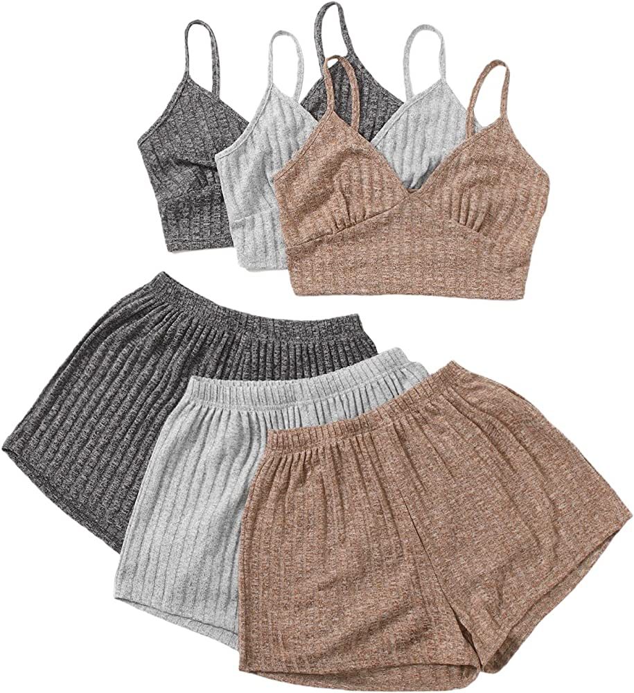 Milumia Women 3 Sets Pajamas Rib Knit Sleeveless Crop Cami Tops and Shorts Lounge Set | Amazon (US)