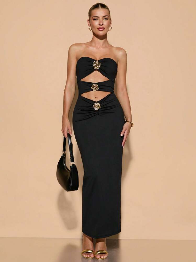 SHEIN BAE Women Metal Flower Decor Fitted Sexy Backless Sleeveless Dress, Autumn,Summer Dresses For Women | SHEIN