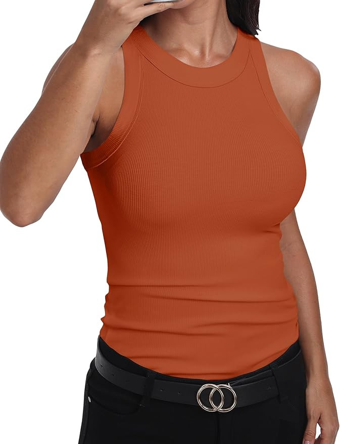 GEMBERA Womens Sleeveless Racerback High Neck Casual Basic Cotton Ribbed Fitted Tank Top | Amazon (US)