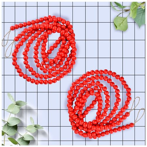 2PCS Wood Beads Garland Christmas, 14.4Feet Red Wooden Bead Garland for Christmas Tree Decoration, Round Wooden Beads Farmhouse Boho Ornaments for Wall Hanging Home Decor | Amazon (US)