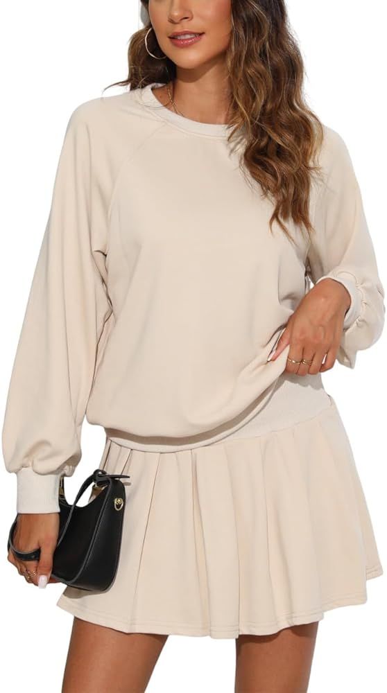 Freyhem Womens 2 Piece Outfits Summer Sweatshirt Long Sleeve Pullover Pleated Skirt Sets Loungewe... | Amazon (US)