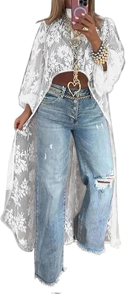 Women's Round Neck Lace Short Front and Long Back Casual Top, Long Sleeve Summer Asymmetrical Hig... | Amazon (US)