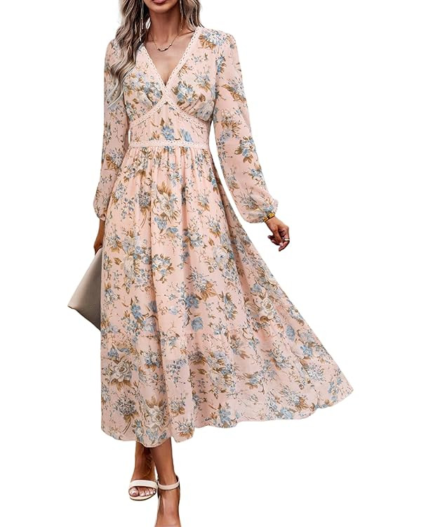 Women's V Neck Long Sleeve Wrap Maxi Dress A Line Empire Waist Fall Wedding Guest Party Casual Ch... | Amazon (US)