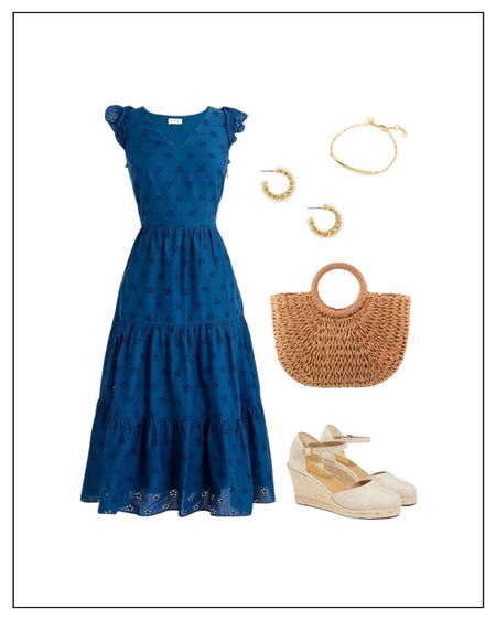 This cotton eyelet midi dress is the perfect spring date night dress under $65. A few things I love about this dress; it’s lined, has pockets, and a beautiful tiered silhouette. It also comes in navy, black, and pink. If it’s chilly outside, you could absolutely layer a white denim jacket, and it would still look lovely. This straw tote bag is under $30 and the beige espadrille wedges are under $65!

#LTKsalealert #LTKunder100 #LTKunder50