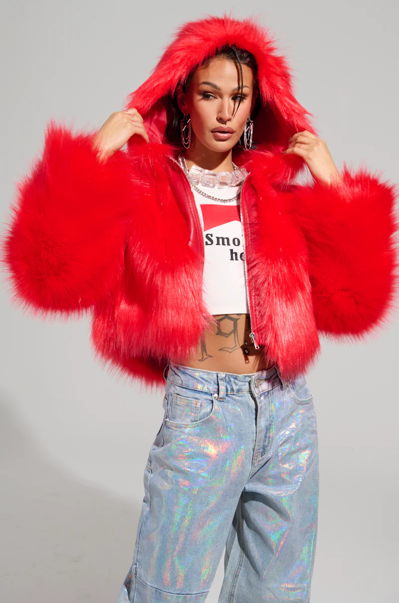 MAEVE HOODED RED FAUX FUR BOMBER | AKIRA