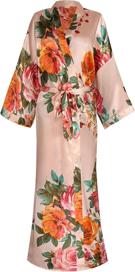 Women's Long Floral Satin Kimono Robes Bridal Dressing Gown Wedding Bridesmaid Nightgown | Amazon (US)