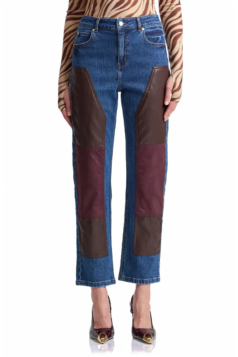 Avec Les Filles Mixed Media Panel Straight Leg Jeans in Heritage Wash at Nordstrom, Size 29 | Nordstrom