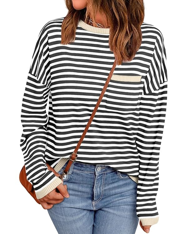 LILLUSORY Womens Striped Soft Knit Pullover Sweater Loose Fit Shirts with Chest Pocket | Amazon (US)