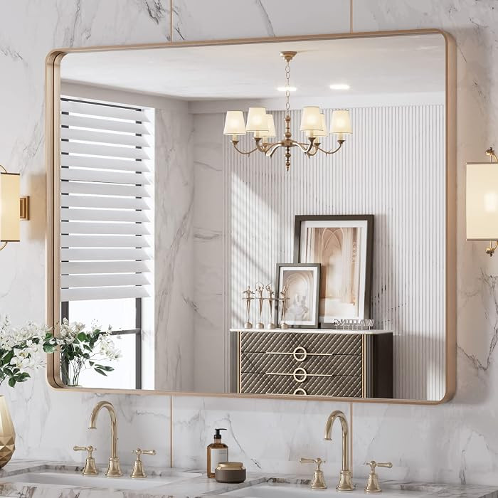 LOAAO 40"X32" Gold Bathroom Mirror, Rounded Rectangle Gold Frame Mirror, Brushed Gold Bathroom Va... | Amazon (US)
