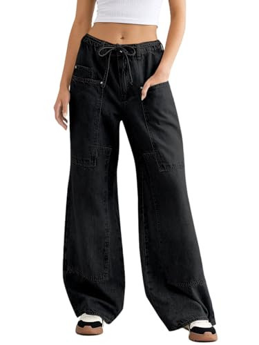 Cicy Bell Womens Wide Leg Jeans Vintage Mid Rise Baggy Boyfriend Belted Denim Pants with Pockets Black | Amazon (US)