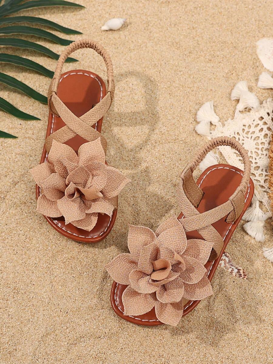 1 Pair Brown Baby/Toddler Girls Flat Sandals, Solid Color Fabric Floral Decor, Elastic Crossed St... | SHEIN
