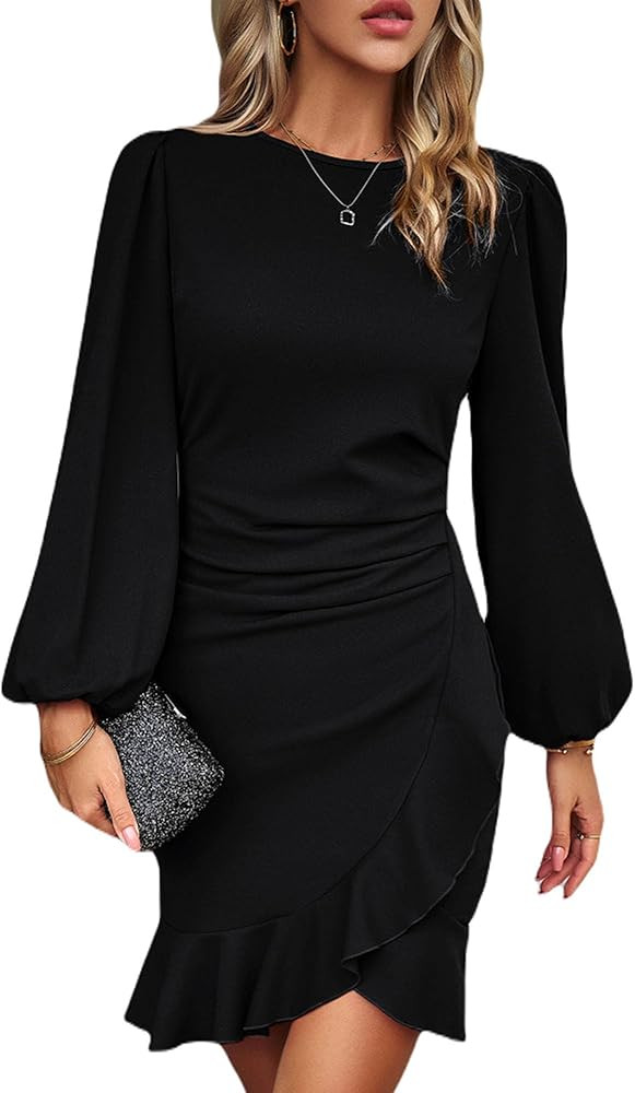 Spicy Sandia Women Ruched Bodycon Cocktail Formal Mini Dress Elegant Ruffled Lantern Sleeve Busin... | Amazon (US)