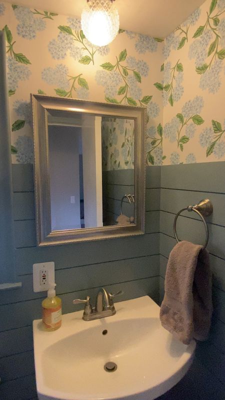 Powder room decor 
Floral wallpaper 
Blue bathroom 
Bathroom decor 


#LTKstyletip #LTKhome #LTKVideo