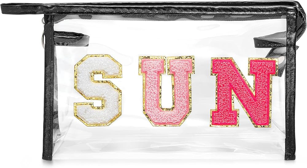 Y1tvei Preppy Patch SUN Varsity Letter Cosmetic Toiletry Bag Transparent PVC Zipper Makeup Bag Da... | Amazon (US)