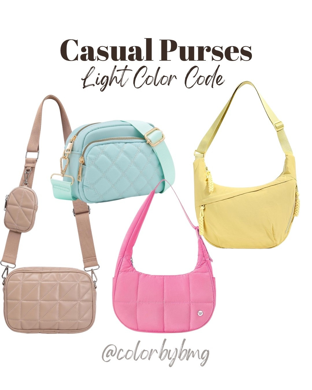 Casual purses for Light Color Codes

Colors:
1. Khaki
2. Light Blue
3. Rose Pink
4. Light Yellow

Light spring
Light summer 

#LTKSeasonal
