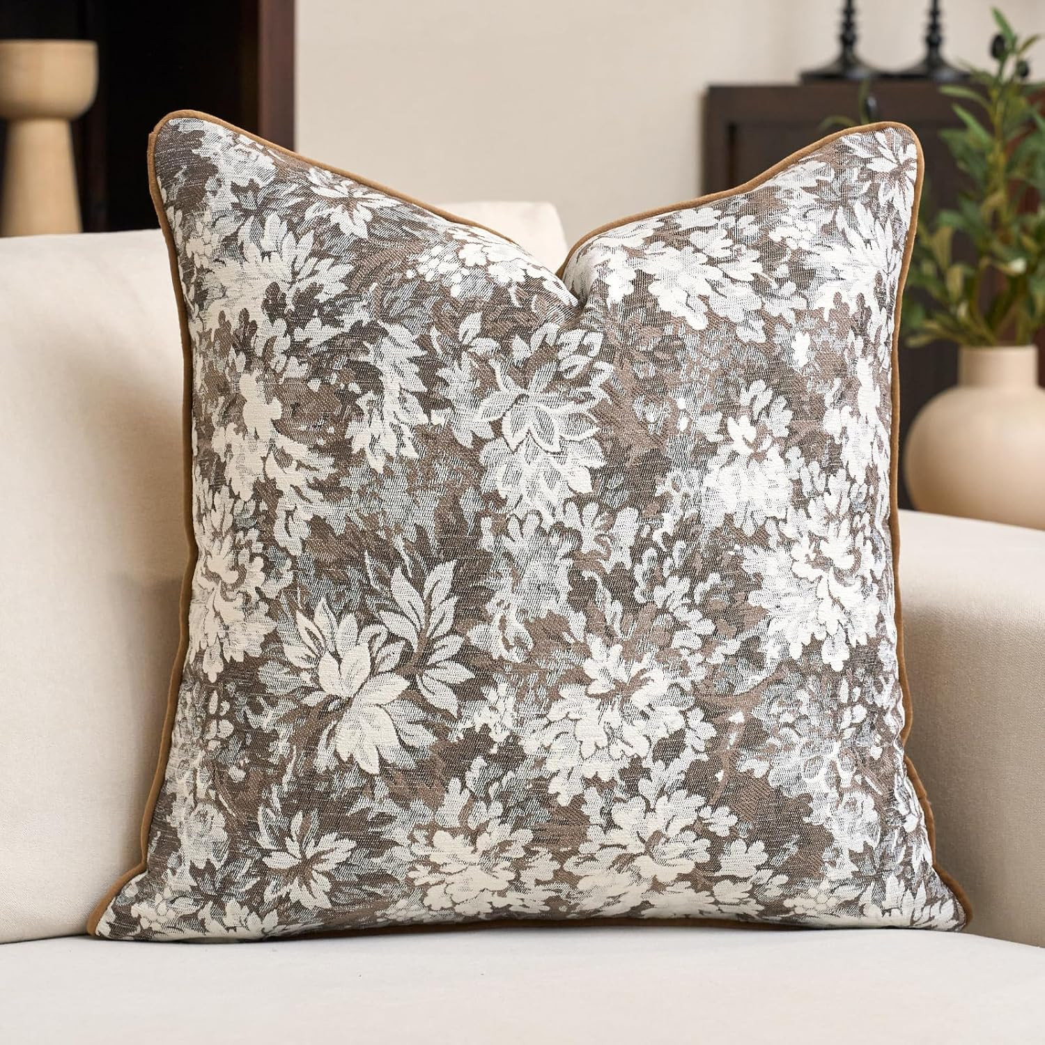 Alerfa Brown Neutral Floral Pillow Cover 20 x 20 Inch, Vintage Chenille Square Couch Pillow Cover Soft Decorative Farmhouse Accent Pillowcase for Living Room Bedroom | Amazon (US)