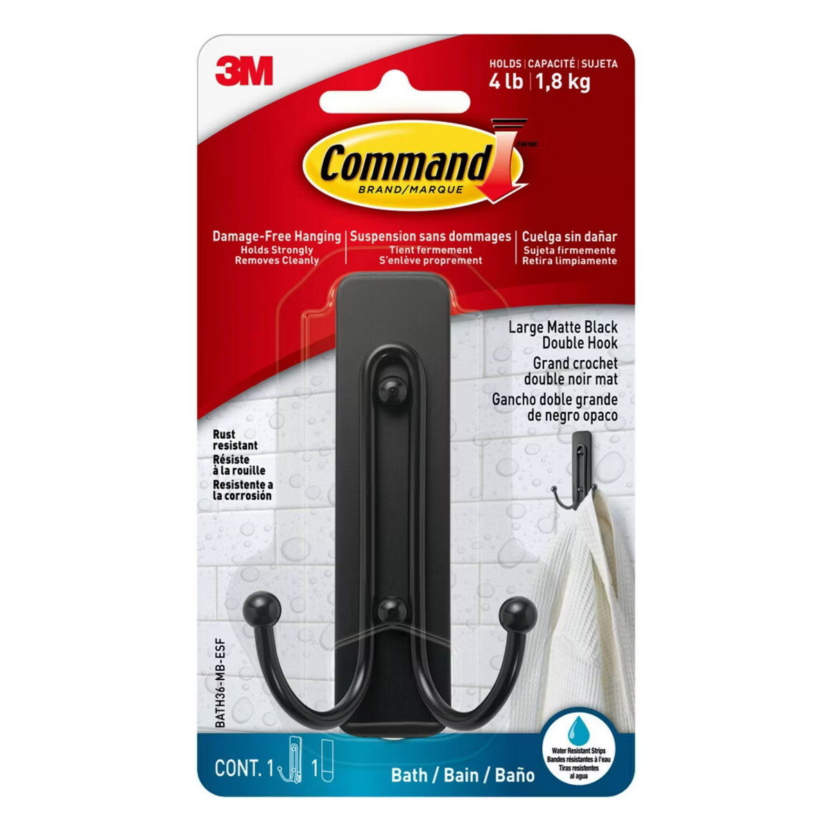Command Large Double Hook Black: Metal Robe Hook, Unfinished Surface, Bathroom Hardware Set | Target