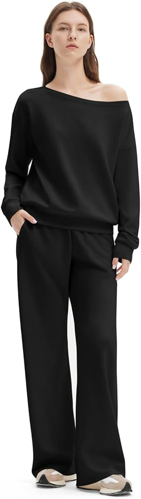 SUUKSESS Women 2 Piece Lounge Matching Set Off Shoulder Sweatshirt Wide Leg Sweatpant | Amazon (US)