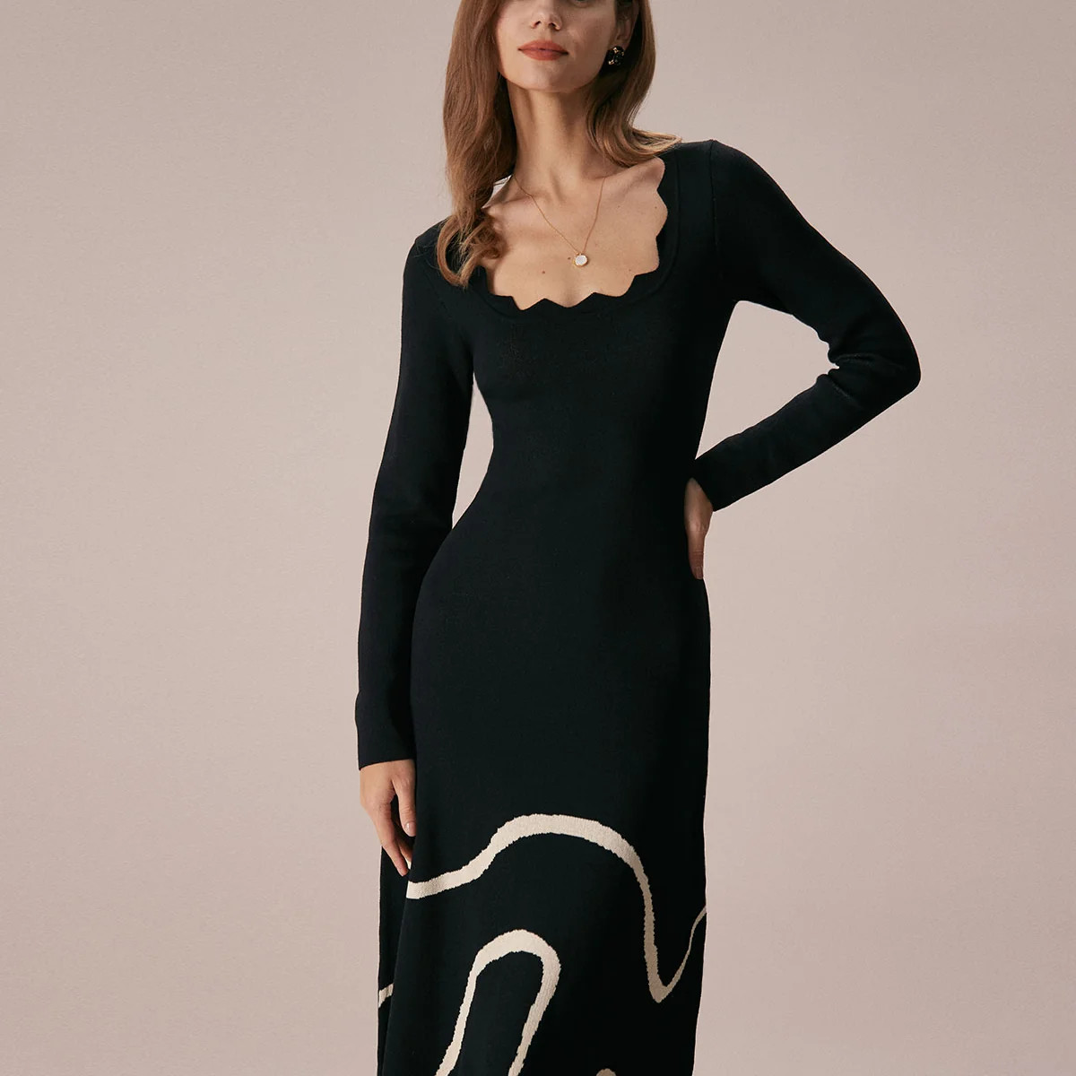The Black Wave Scalloped Sweater Midi Dress & Reviews - Black - Dresses | RIHOAS | rihoas.com