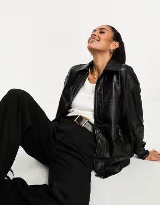 ASOS DESIGN faux leather bomber jacket with collar in black | ASOS (Global)