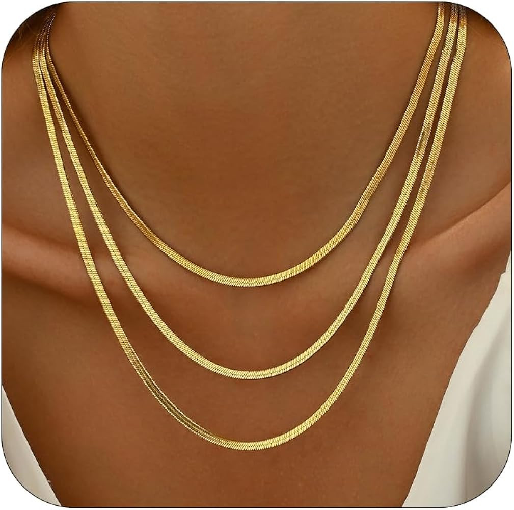 18K Gold Plated Layered Herringbone Necklaces for Women Dainty Layering Beaded Snake Chain Choker... | Amazon (US)