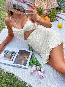 Twist Front Cut Out Ruffle Hem Schiffy Cami Dress
   SKU: sw2112279792737702      
          (327... | SHEIN