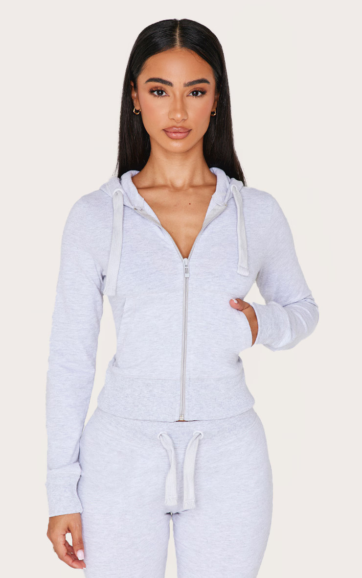 Petite Grey Marl Zip Up Fitted Track Top | PrettyLittleThing US
