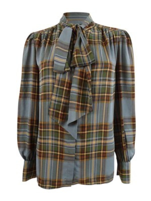 Lauren Ralph Lauren Women's Plaid Tie-Neck Georgette Shirt (S, Blue Multi)  | eBay | eBay US