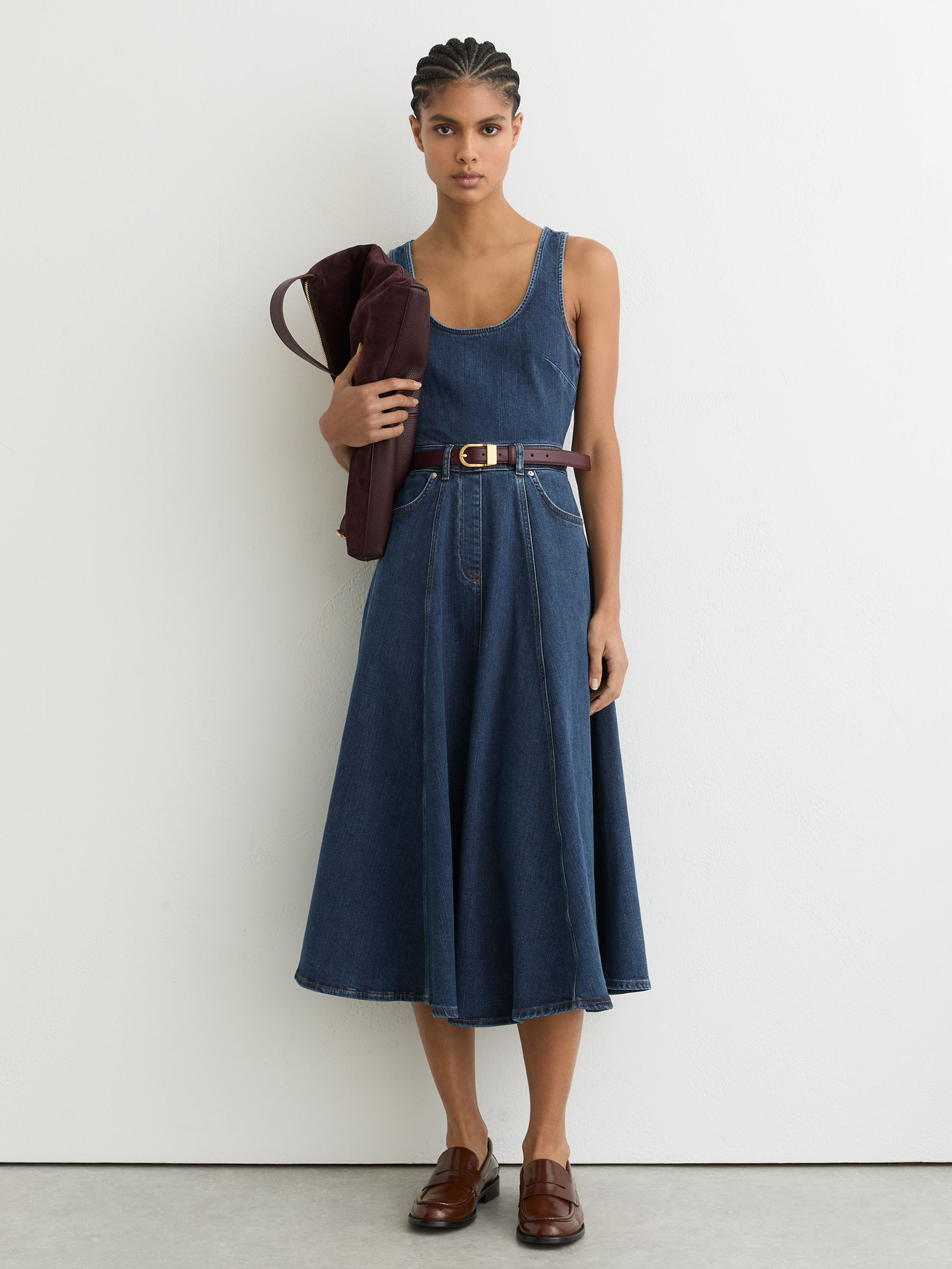 Reiss Denim Sleeveless Waisted Midi Dress in Indigo Blue - REISS | Reiss UK